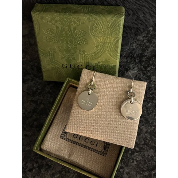 Gucci Italy Sterling Silver Dangle Drop Earrings Embossed Logo Round w Box Pouch - Picture 12 of 16